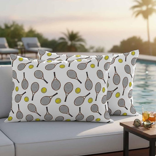 Tennis Sport Outdoor Pillow Covers 20x12 Inch Lumbar Pillow Covers Set of 2 Waterproof Decorative Throw Pillow Cases Cartoon Classic Tennis Pattern Cushion Covers for Patio Furniture Garden Couch Sofa