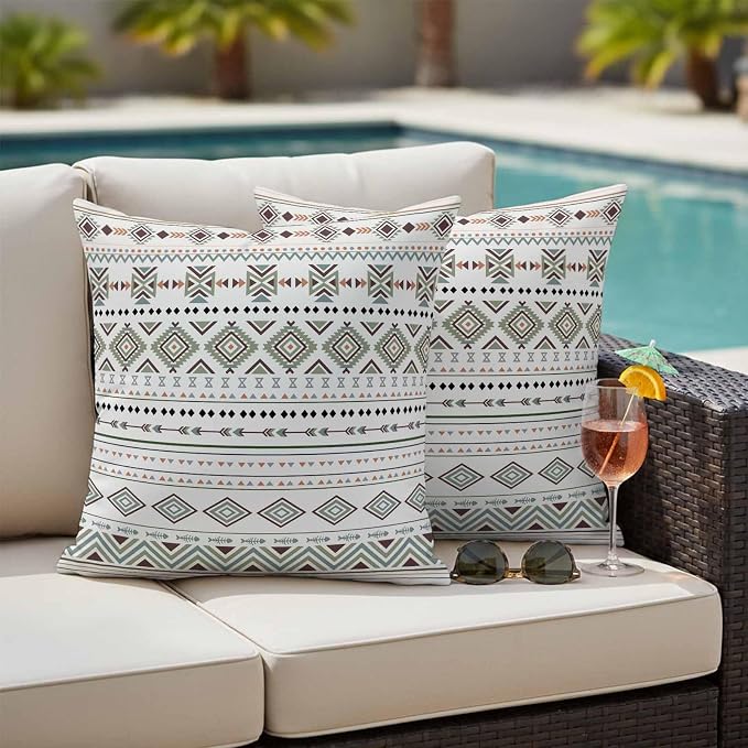 Sage Green Boho Outdoor Pillow Covers 24x24 Inch Throw Pillow Covers Set of 2 Waterproof Decorative Pillow Cases Vintage Ethnic Tribe Abstract Art Cushion Covers for Patio Furniture Garden Couch Sofa