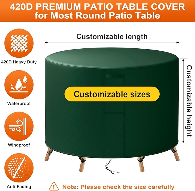 78"(D) x 30"(H) Round Outdoor Furniture Cover, Custom Heavy Duty 420D Waterproof Patio Furniture Cover with Drawstring & Buckles for Table Chair Garden, Green