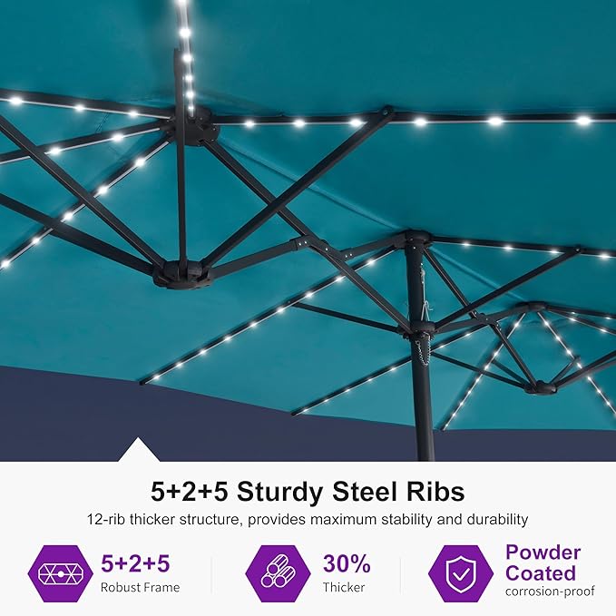 PURPLE LEAF 14ft Patio Umbrella with Solar Lights Outdoor Double-Sided Market Umbrella with Base Included Rectangle Table Umbrella for Pool Garden Backyard, Turquoise