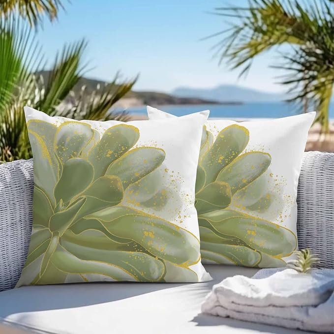 Vandarllin Outdoor Throw Pillows Covers 20x20 inch Set of 2 Waterproof Sage Green Watercolor Floral Decorative Zippered Cushion Covers for Patio Furniture, Golden Lines Lumbar Pillowcases
