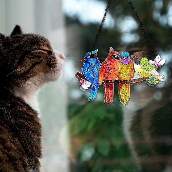 DASTOLL 2 Pack Stained Glass Window Hanging - Hummingbird Decorations Suncatcher Hand-Painted Double Sided Birds on A Branch Sun Catcher for Window Home Decor Gifts for Mom,Bird Lovers