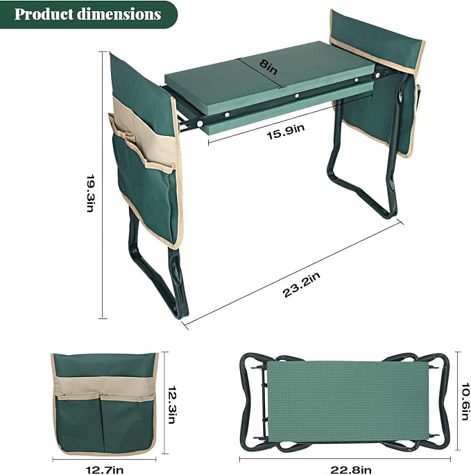 RAIN SPIRIT Garden Kneeler and Seat with Thicken & Widen Soft Kneeling Pad,Heavy Duty Gardening Bench Kneeler and seat Foldable Gardening Stool with 2 Tool Pouches，Gifts for Women, Seniors, Mom & Dad
