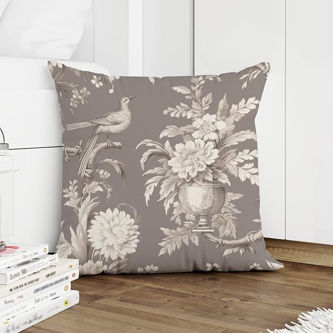 Tan French Country Toile Floral Throw Pillow Covers Grey White Bird Cushion Cases 26x26 INAbstract Accent Decorative Cushion Covers Home Decor for Patio Couch Tent Sofa