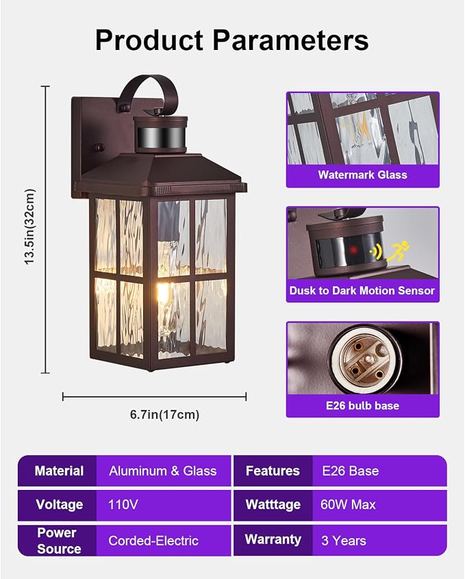 Motion Sensor Porch Light Dusk to Dawn Outdoor Wall Light | Exterior Lighting Fixtures Modern Outside Wall Mount Coach Lamp for House Garage Patio Front Door(Bronze)