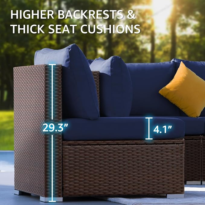 NICESOUL 13 Piece Patio Furniture w/Fireplace, Elegant Outdoor Seating w/Firepit, XL 29.3'' High Back Sectional Sofa, All-Weather Rattan Deck Couch, Modular Sturdy Conversation Set, Brown & Blue