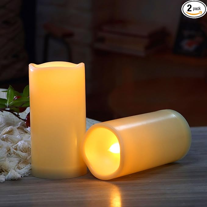 Waterproof Outdoor Battery Operated Flameless Candles with Auto Timer Flickering Plastic Resin Electric LED Pillar Lights for Lantern Patio Garden Wedding Party Decorations 3x5 Inches 2 Pack Ivory