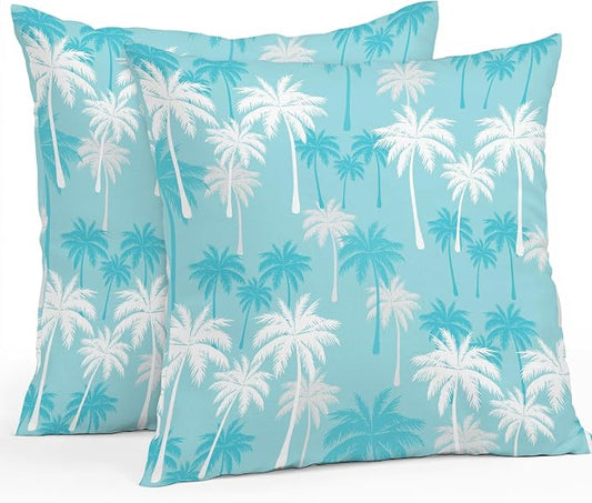 Throw Pillow Covers 24x24 Inch Set of 2, Tropical Palm Tree Waterproof Outdoor Pillow Covers, Blue Cyan Plants Coastal Leaf Beach Decorative Cushion Pillowcases for Couch, Sofa, Bed, Garden, Patio