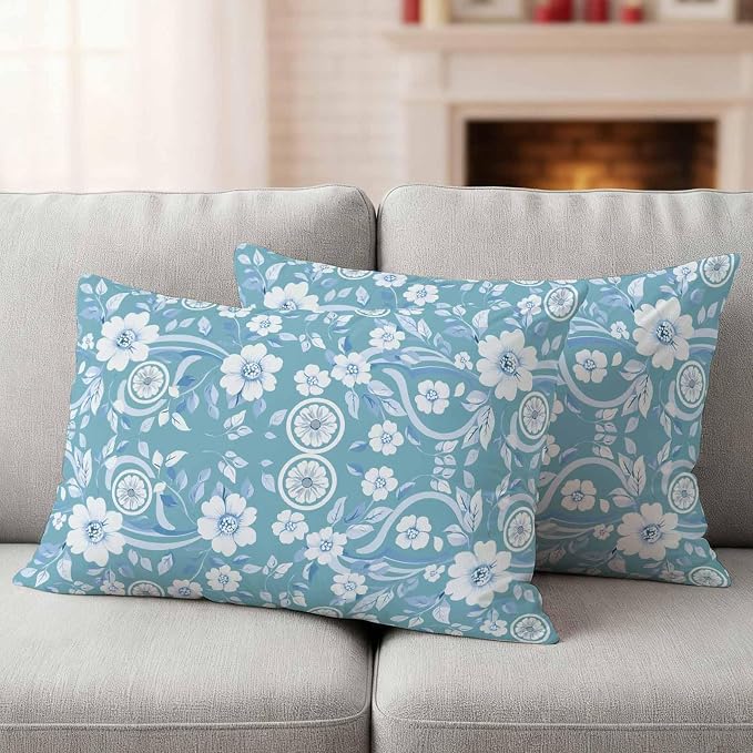 Blue Floral Outdoor Pillow Covers 20x12 Inch Lumbar Pillow Covers Set of 2 Waterproof Decorative Throw Pillow Cases Vintage Pastoral Botanical Leaves Cushion Covers for Patio Furniture Garden Couch