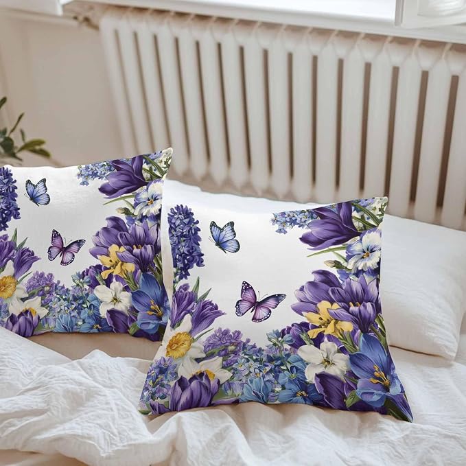 Outdoor Waterproof Pillow Covers for Patio Furniture Purple Blue Flowers Butterfly Throw Pillow Cover Watercolor Floral White Pillowcases Set of 2 Cushion Case for Sofa Couch Chair 20x20 inch