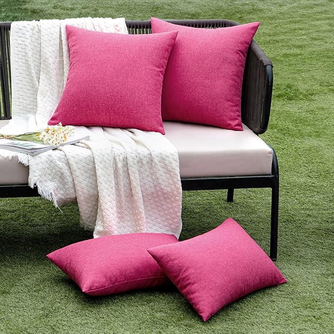 EMEMA Outdoor Throw Pillow Covers Decorative Farmhouse Square Pillowcases Waterproof Cushion Covers Cases for Patio Couch Garden Sofa Home Living Room Set of 2 18x18 Inch Hot Pink
