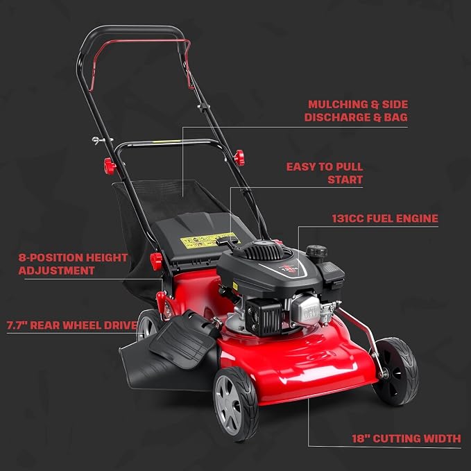 18-Inch 131cc Gas Powered Self Propelled Lawn Mower 3 in 1 Push Lawnmower with 50L Grass Catcher Bag Rear Wheel Drive Walk Behind Yard Mower Foldable Design Red