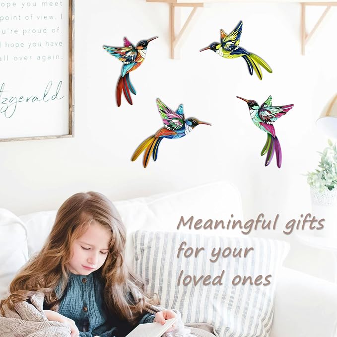 4 Pack Metal Hummingbird Wall Art Decor, 3D Colorful Birds Outdoor Sculpture for Garden Fence, Backyard, Outdoor Wall, Patio and Balcony, Great Gifts for Family Friends