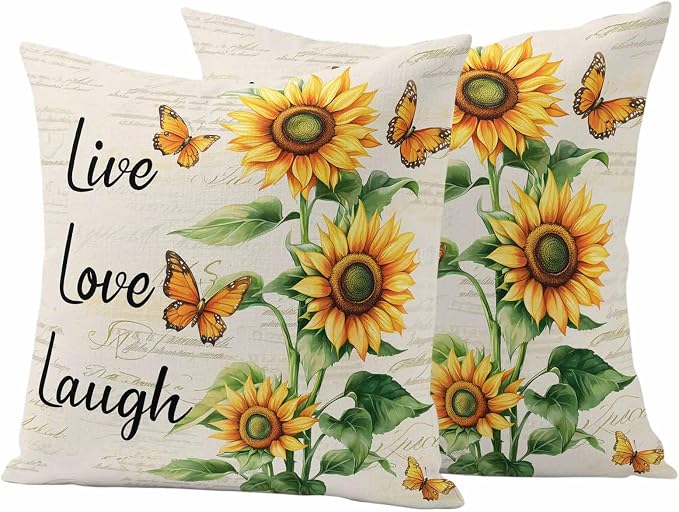 Live Love Laugh Outdoor Waterproof Throw Pillow Covers Set of 2, 24"x24", Sunflower Butterfly Rustic Watercolor Floral Decorative Pillow Covers Outside Cushion Case for Patio Porch Garden
