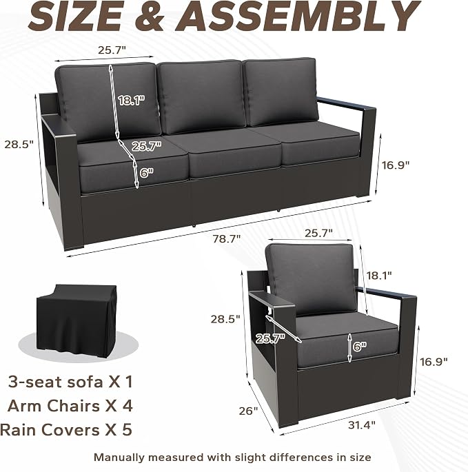 Aluminum Outdoor Conversation Furniture Set - All Weather Patio 79" Sofa with 4 Armchairs, 6" Water-Resistant Cushions & Furniture Covers & Metal Armrest for Deck Porch (Grey)
