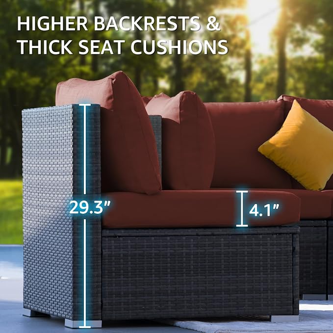 NICESOUL 15 Piece Outdoor Patio Furniture Set with Fire Pit, Extra Large Wide Outdoor Deep Seated Sectional, Cozy 29.3'' High-Back Modular Couch, 500 Lbs High Weight Capacity Wicker Sofa, Gray & Red