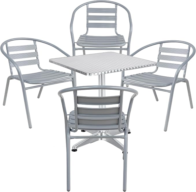 BTEXPERT Indoor Outdoor 27.5" Square Restaurant Table Stainless Steel Silver Aluminum + 4 Silver Gray Metal Aluminum Slat Stack Chairs Commercial