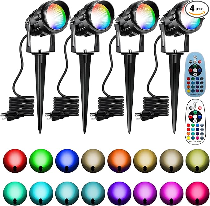 Easter Spot Lights Outdoor Color Changing Landscape Spotlights,12W RGBW LED Outdoor Spot Lights for Yard Garden Decor,Waterproof 110V Plug in Landscape Lighting with Remote,4 Packs