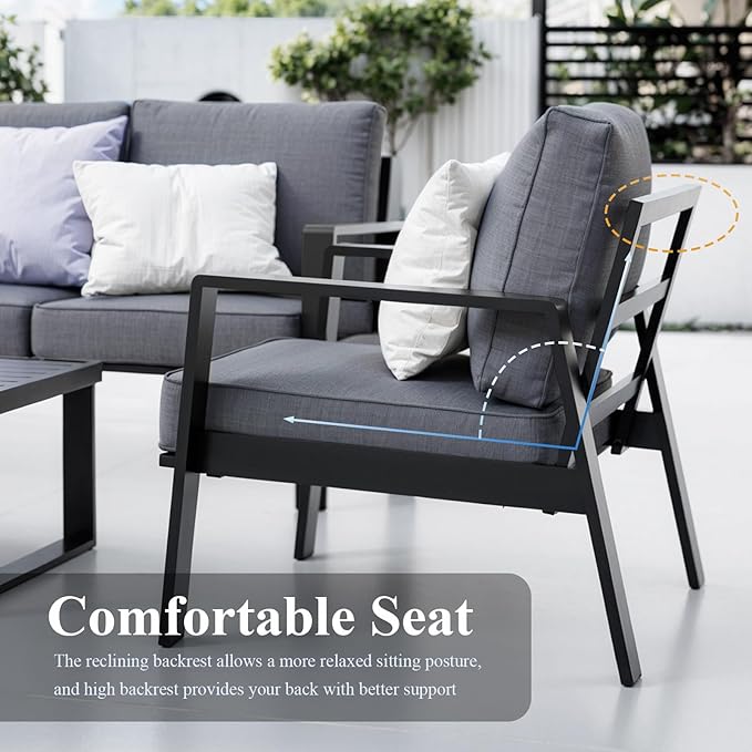 Aluminum Outdoor Patio Furniture Set, 5 Piece Sectional Coversation Sets with Coffee Table, Modern Outdoor Sofa Couch with Thick Cushions for Porch, Balcony, Garden, Dark Gray