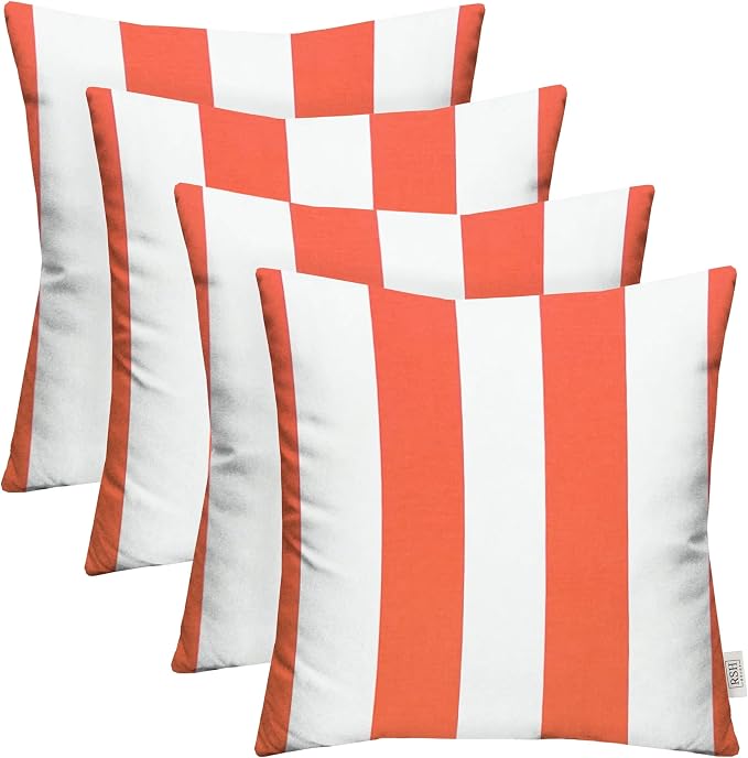 RSH DECOR: Square Throw Pillows Set of 4 | 17” x 17” | All-Weather Spun Fabric | Water and Fade-Resistant | Outdoor Accent Pillows for Patio Furniture | Coral and White Stripe