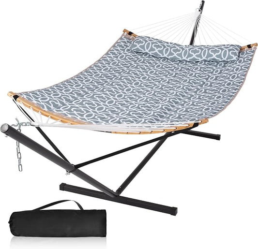Double Hammock with Stand Included, Portable Hammock with Curved Spreader Bar, Pillow and Carrying Bag, 450 Lbs Capacity, Grey Pattern