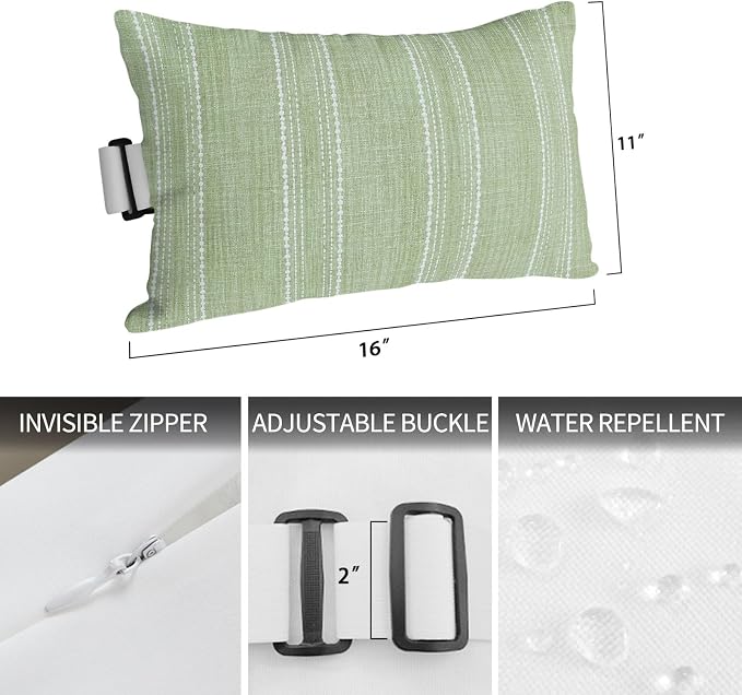 Farmhouse Outdoor Pillow for Chaise Lounge Chair Solid Green Linen Texture Vintage Waterproof Recliner Headrest Pillow Lumbar Pillows with Adjustable Elastic Strap for Beach, Pool, Patio(2 Pack)