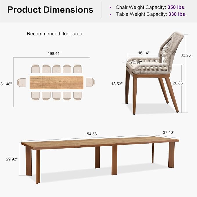 PURPLE LEAF 13 Pieces Patio Dining Set Aluminum Rectangular Table and Wicker Chairs with Cushions for Kitchen Porch Garden Modern Outdoor Furniture Sets
