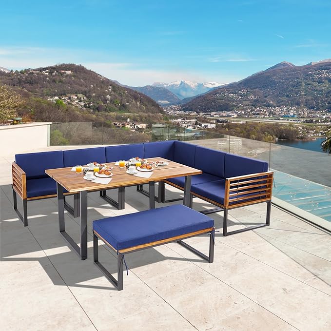 Tangkula Patio Dining Set for 8, Acacia Wood Heavy Duty L Shaped Outdoor Sectional Sofa Set with Soft Padded Cushions, for Backyard Poolside Deck Garden (Navy Blue)