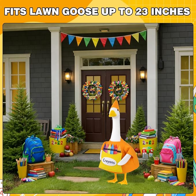 Back to School Porch Goose Outfit Crayon Goose Costume for Outdoor Decor | for 23'' Plastic/Cement Statues, Garden Lawn Patio Yard Decor School Classroom Decorations