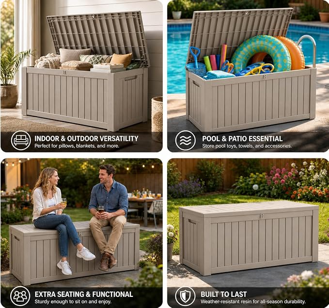 LAUSAINT HOME 260 Gallon Resin Deck Box, Outdoor Toy Storage Box, Package Delivery Box with Lockable Lid, Waterproof Outdoor Storage Box For Garden Tools, Patio Cushions(260 Gallon,Grey)