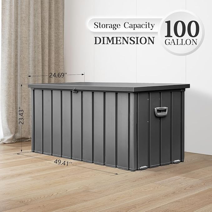 Domi 100 Gallon Deck Box, Metal Outdoor Storage Box with Lock Wheels, Waterproof Outside Storage Box for Patio Cushions