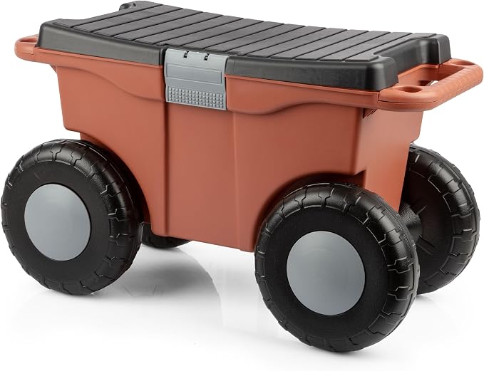 Pure Garden Rolling Garden Cart with Seat - Plastic Storage with Bench and Tool Tray - Gardening Stool for Weeding or Planting (Terracotta)