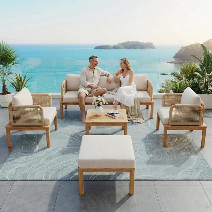 Patio Furniture Set of 5, Outdoor Sectional Furniture with Coffee Table and Ottoman, All-Weather Patio Conversation Set for Backyard, Garden and Poolside (Series A)