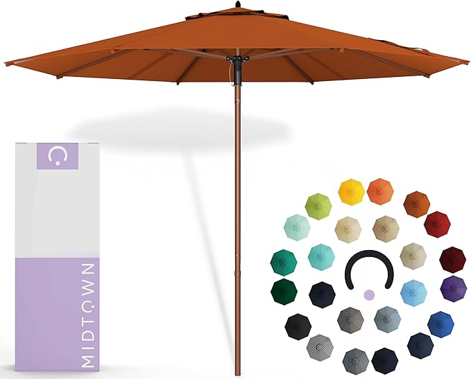Midtown Umbrellas The Wooden 10 Feet Patio Umbrella With Sunbrella Terracotta Acrylic Fabric - Aluminum Frame Market Umbrella For Backyard, Deck, Garden, Pool - Wooden Pole