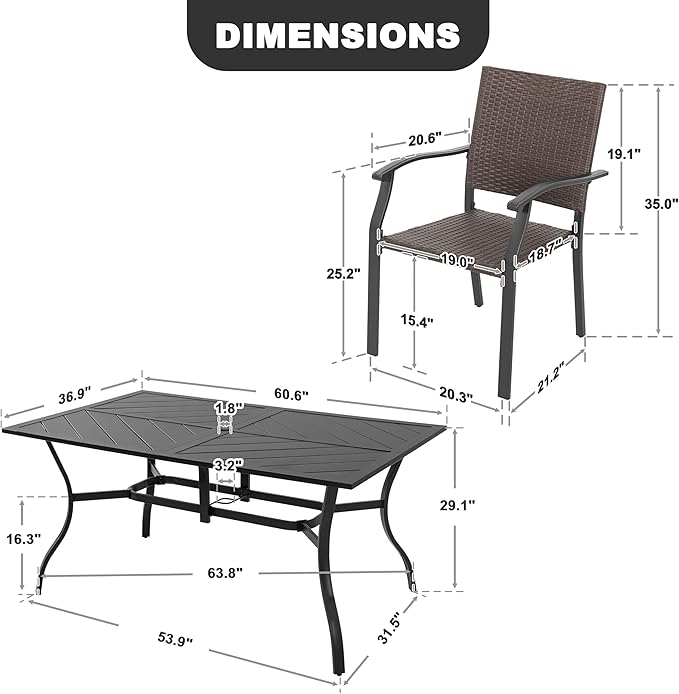NUU GARDEN 7-Piece Outdoor Patio Dining Set, 6 Wicker-Style Dining Chairs and 61 x 37 Inch Rectangular Table with Umbrella Hole, Patio Furniture for Deck, Garden, Backyard, Indoor & Outdoor, Black