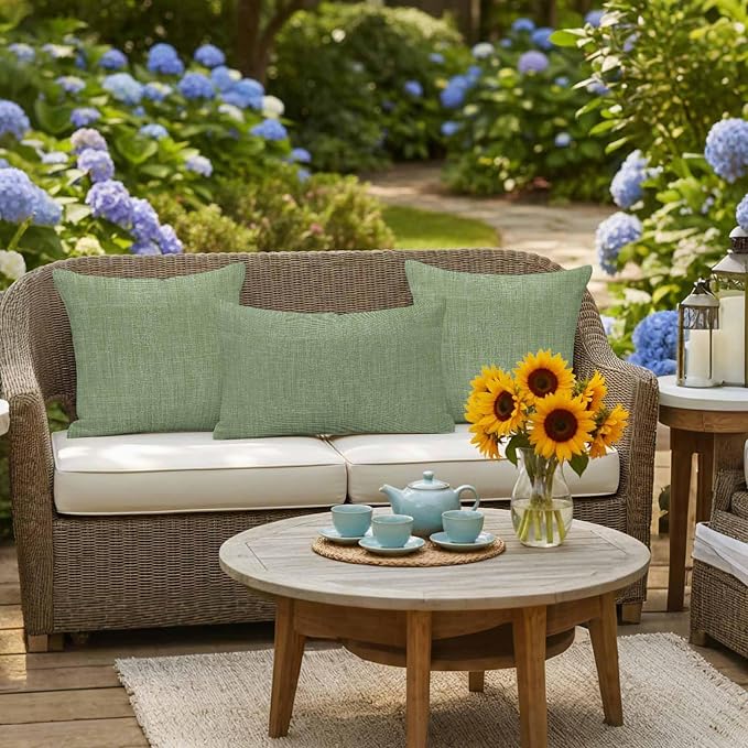 Outdoor Waterproof Throw Pillow Covers Set of 2 Sage Green Linen Lumbar Pillowcases 20x12 Inches Farmhouse Pure Color Decorative Pillows Cushion Case Patio Pillows for Couch Bed Chair Garden