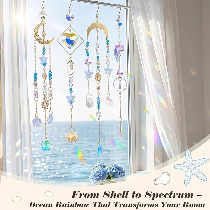 408 Pcs DIY Ocean Suncatchers Kit for Adults – Crystal Suncatchers Rainbow Maker with Genuine Natural Seashells, Art and Crafts for Adults, Hanging Window Decor for Home, Parties & Weddings