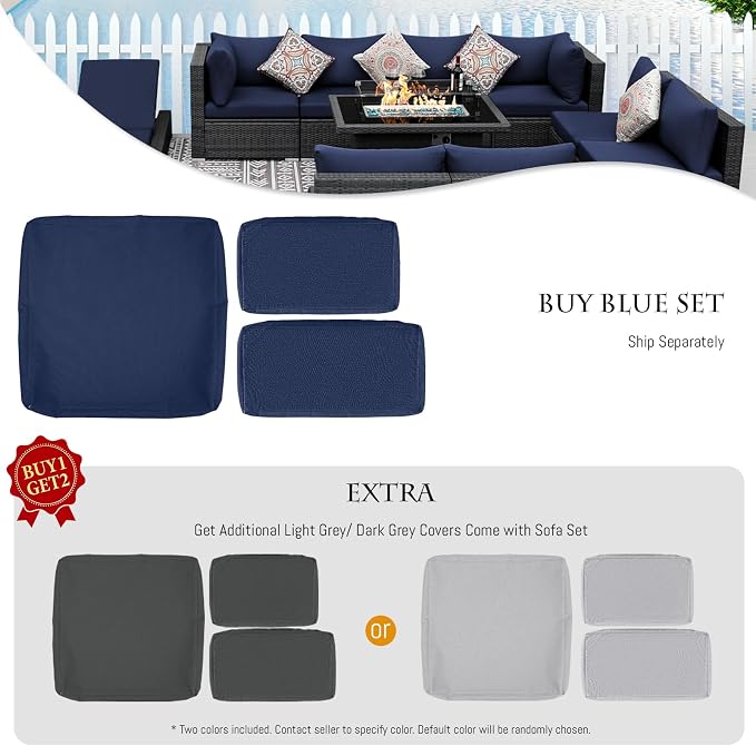 BULEXYARD 7 Piece High Back Outdoor Furniture Set with Fire Pit, Durable All Weather Wicker Patio Couch Sofa Set, Large Modular 6-Seater Sectional Backyard Seating Wide Deep for Lawn, Grey & Navy Blue