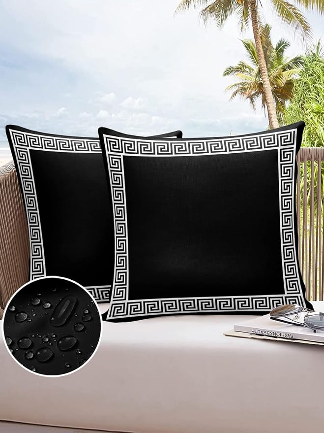 Prime Leader Outdoor Waterproof Pillow Covers Set of 2, Chinese Style Pattern Black Background Patio Throw Pillow Covers, Decorative Cushion Case for Couch Sofa Furniture Garden, 20x20 Inch