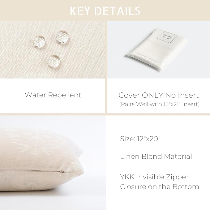 Modern Farmhouse Fall Linen Indoor Outdoor Lumbar Pillow Cover Only, 12"x20" Water Repellent for Patio, Backyard, Couch, Neutral Beige Floral
