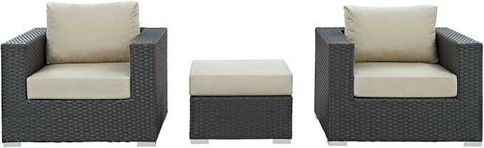 Modway Sojourn Wicker Rattan 3 Piece Outdoor Patio Sunbrella Sectional Set in Canvas Antique Beige