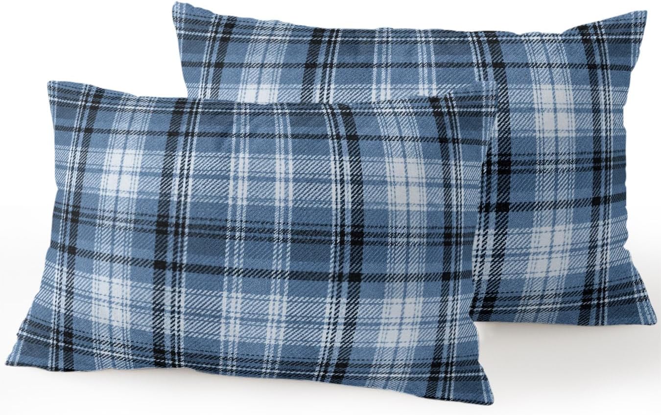 Waterproof Outdoor Pillow Set of 2 Blue Checked Plaid Decorative Throw Pillows Cover & Insert 20x12 Inch Lumbar Pillowcase Stripes Woven Grid Pillows for Couch Sofa Bed Patio Furniture Indoor Outdoor