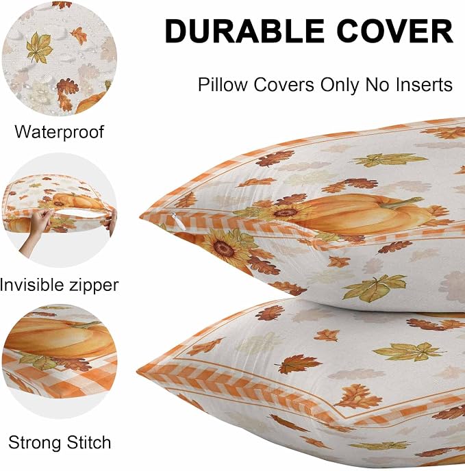 Thanksgiving Day Outdoor Pillow Covers Set of 2, Autumn Pumpkins Sunflowers Decorative Waterproof Throw Pillowcase Fall Leaves Plaid Cotton Linen Soft Cozy Cushion Cover Pillowsham 20x20In