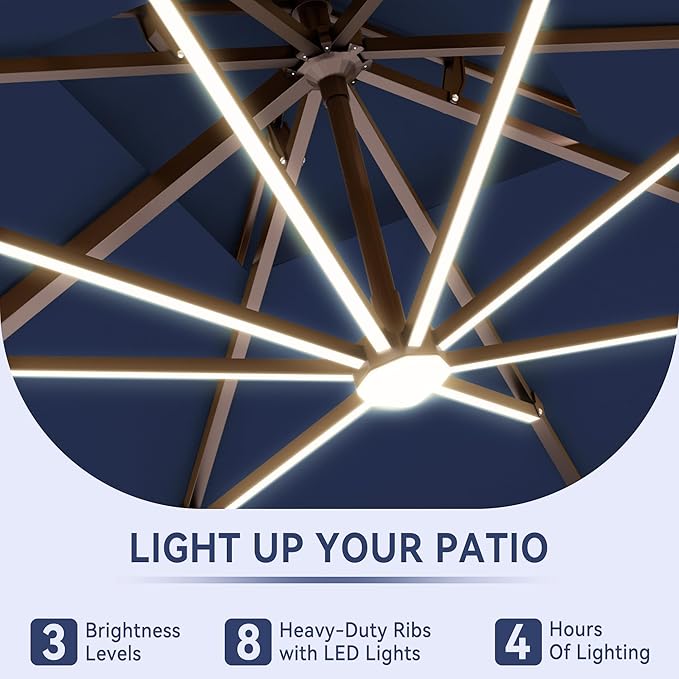 9 X 12 FT Cantilever Outdoor Patio Umbrella with LED Lights Large Heavy Duty 360° Rotation Double Top Offset Rectangular Umbrellas for Backyard Garden Pool Outside Deck, Navy