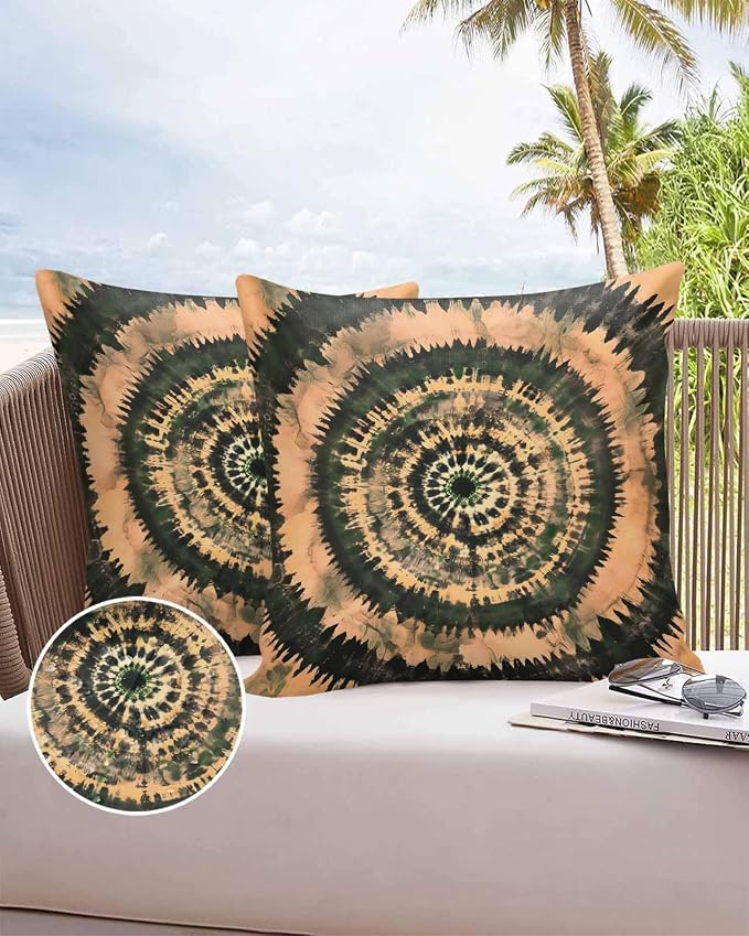 Vandarllin Outdoor Throw Pillows Covers 18x18 inch Set of 2 Waterproof Brown Tie-Dye Art Decorative Zippered Cushion Covers for Patio Furniture, Abstract Boho Tribe Lumbar Pillowcases