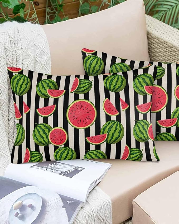 Vandarllin Outdoor Throw Pillows Covers 20x12 inch Set of 2 Waterproof Watermelon Decorative Zippered Cushion Covers for Patio Furniture, Summer Fruit Black Stripes Lumbar Pillowcases