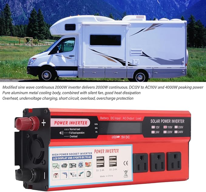 Sine for Wave Inverter, 4000W Peaking Sine for Wave Car Inverter Aluminum Alloy LCD Digital Display 2000W US Plug AC110V for Replacement (12V)