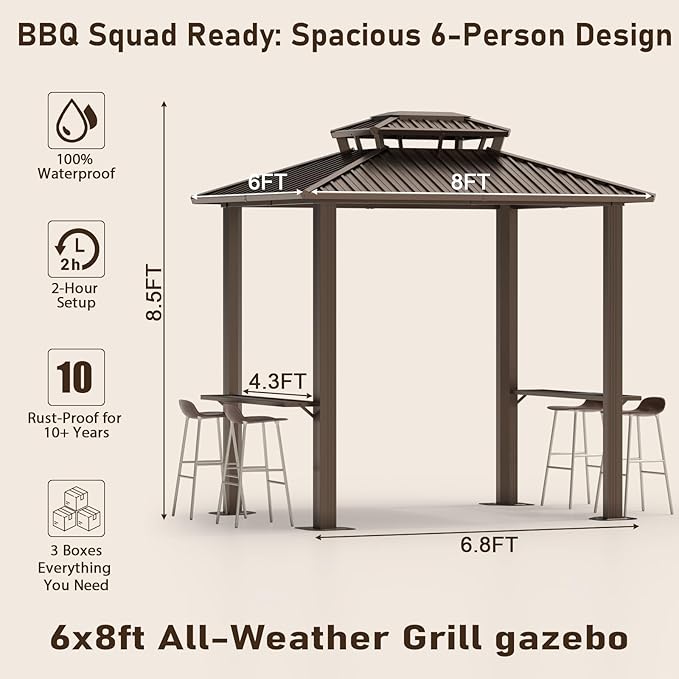 Hoteel 6x8ft Hardtop Grill Gazebo, Outdoor Patio Aluminum Frame Barbecue Gazebo with Galvanized Steel Double Roof and 2 Side Shelves for Deck Lawn Backyard Garden and Party, Brown(2026 Version)