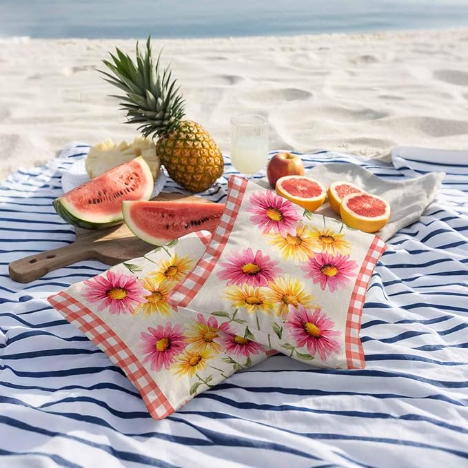 Yellow Pink Daisy Outdoor Pillow Covers 18"x18" Set of 2, Rustic Farmhouse Red Buffalo Plaid Waterproof Throw Pillow Covers for Patio Furniture, Decorative Cushion Covers for Porch
