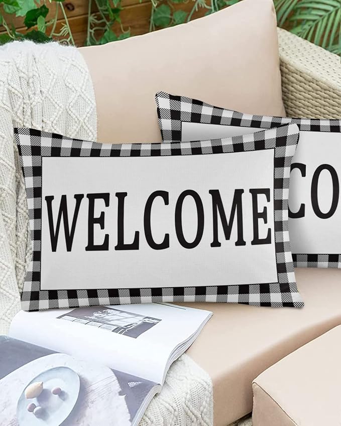 Outdoor Waterproof Pillow Covers for Patio Furniture Black Buffalo Check Plaid Decorative Throw Pillow Cover Welcome Pillowcases Set of 2 Cushion Case for Sofa Couch Chair Home Decor 20x12 inch